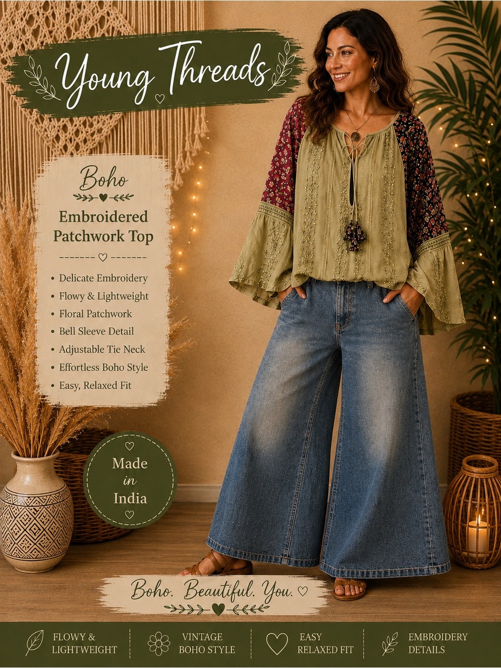 197 Young Threads Boho Embroidered Patchwork Blouse in Sage with Floral Sleeves